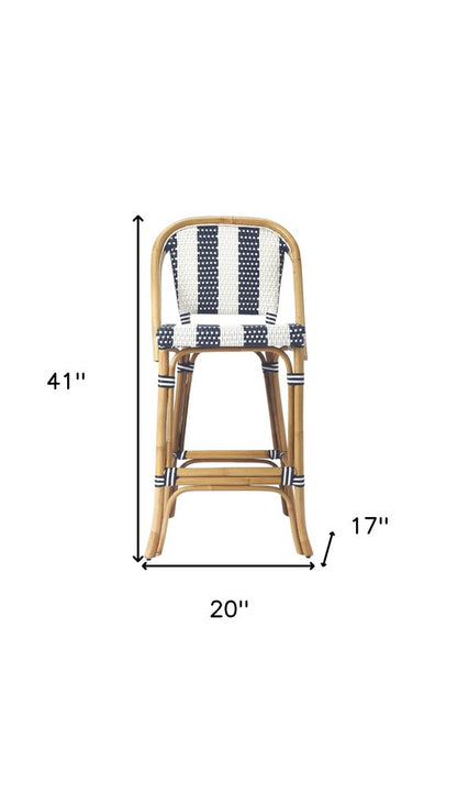 28" Blue and White and Natural Rattan Bar Chair