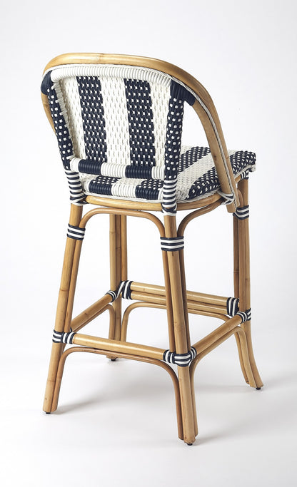 28" Blue and White And Natural Rattan Bar Chair