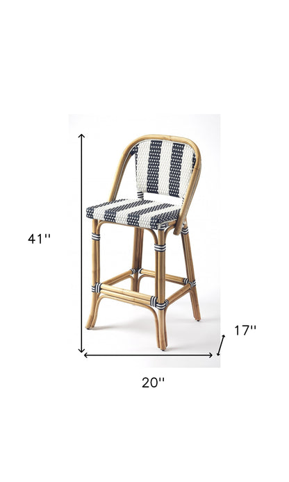 28" Blue and White And Natural Rattan Bar Chair