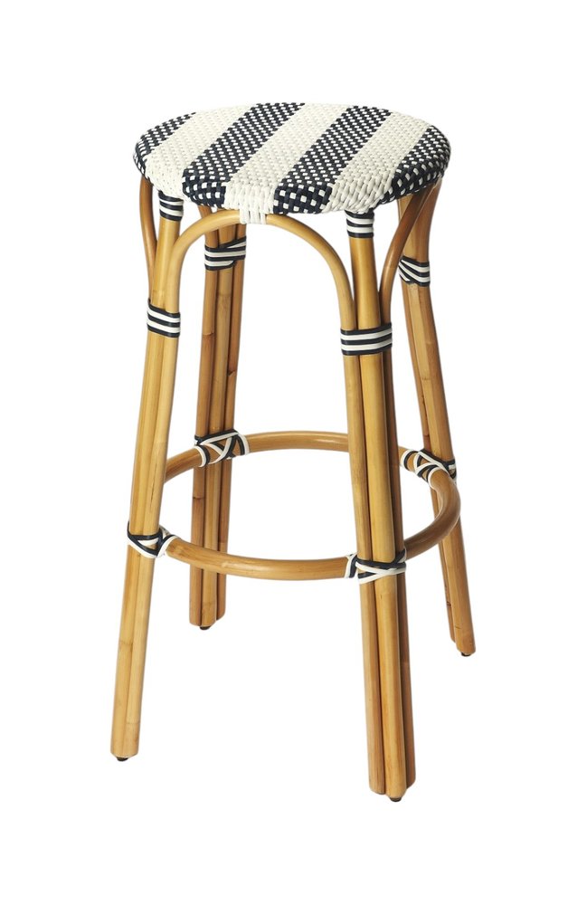 30" Blue and White and Natural Heavy Duty Rattan Backless Bar Height Bar Chair