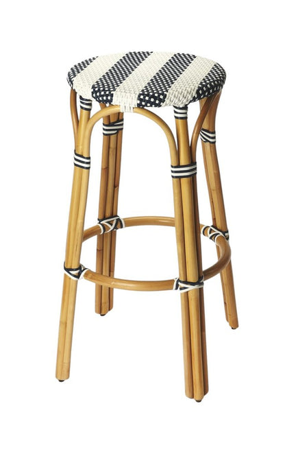 30" Blue and White and Natural Heavy Duty Rattan Backless Bar Height Bar Chair