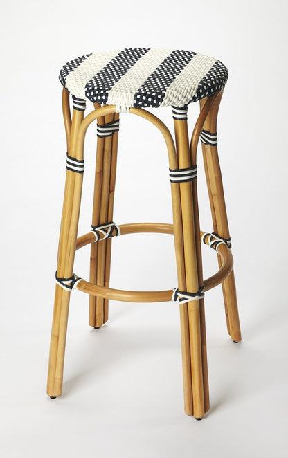 30" Blue and White and Natural Heavy Duty Rattan Backless Bar Height Bar Chair