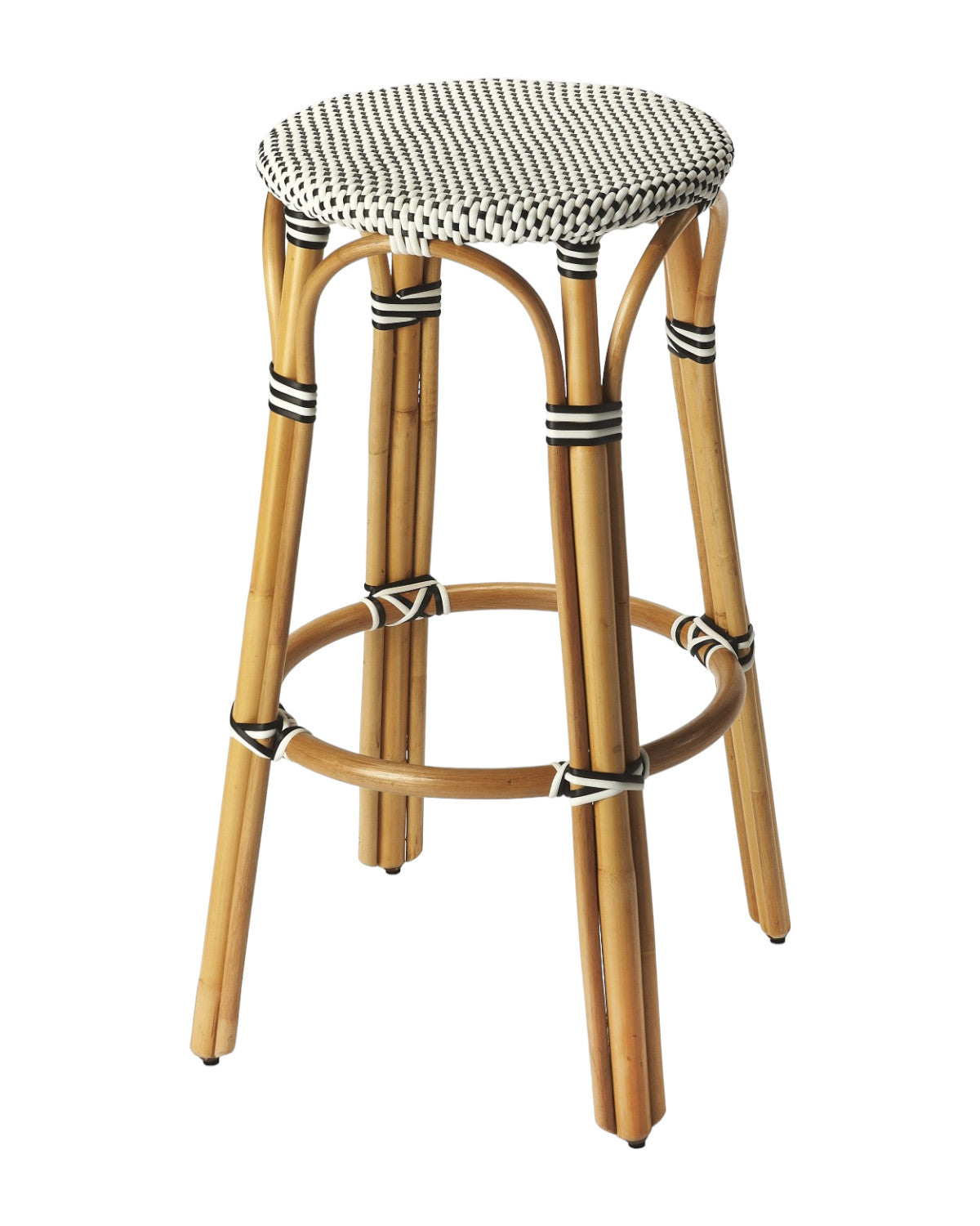 30" Natural Black and White Rattan Backless Bar Height Bar Chair