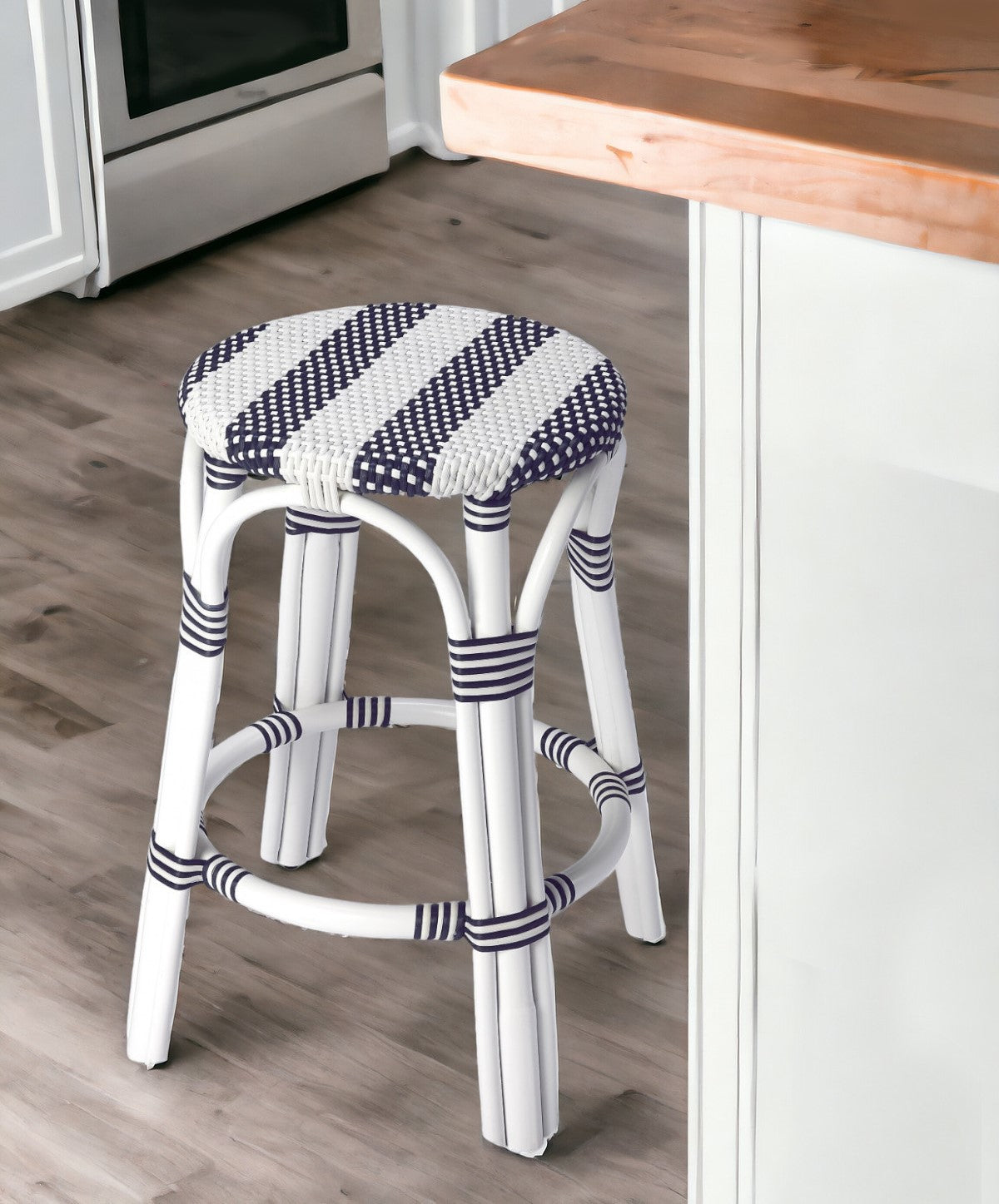 24" Blue and White Rattan Backless Counter Height Bar Chair