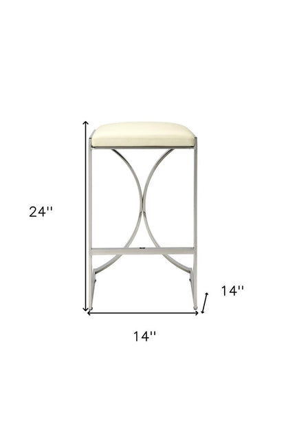 24" Off White and Silver Faux Leather and Iron Backless Counter Height Bar Chair
