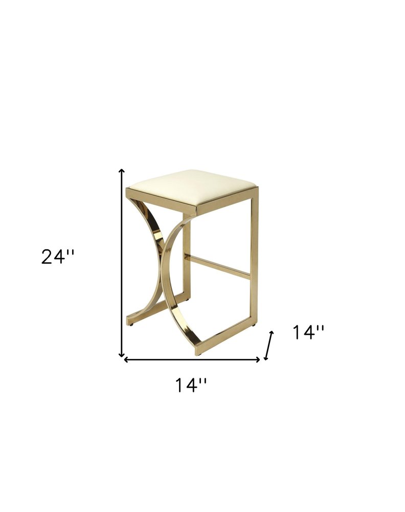 24" Off White and Gold Faux Leather and Iron Backless Counter Height Bar Chair
