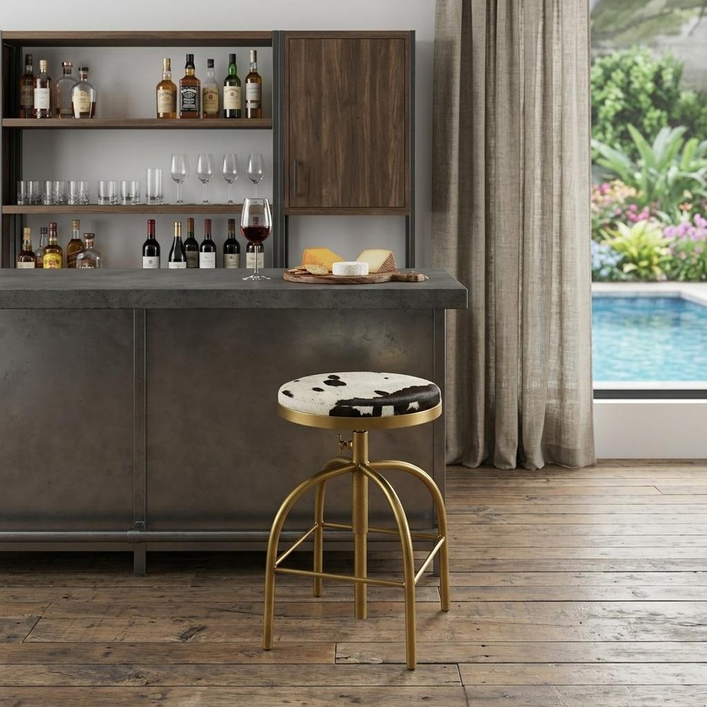 Black Off White and Gold Iron Backless Adjustable Height Swivel Bar Chair
