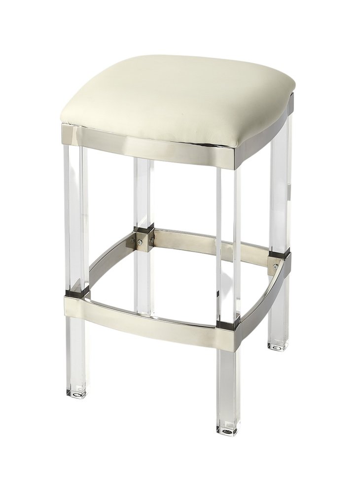 24" White and Clear Stainless Steel and Acrylic Backless Counter Height Bar Chair