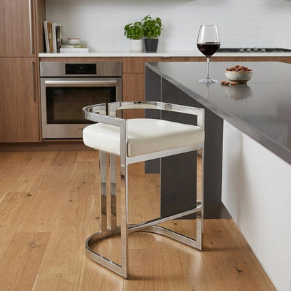 28" White and Silver Stainless Steel and Iron Low Back Counter Height Bar Chair
