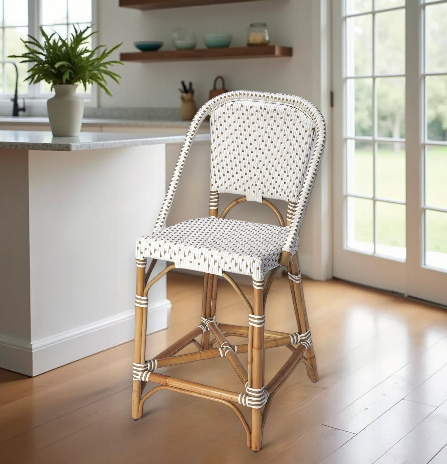 28" White And Natural Rattan Bar Chair