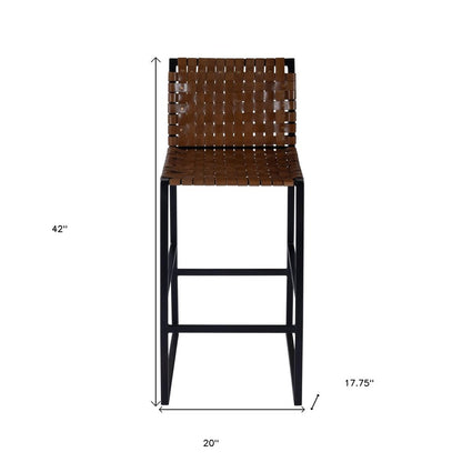 28" Brown and Black Leather and Iron Bar Chair