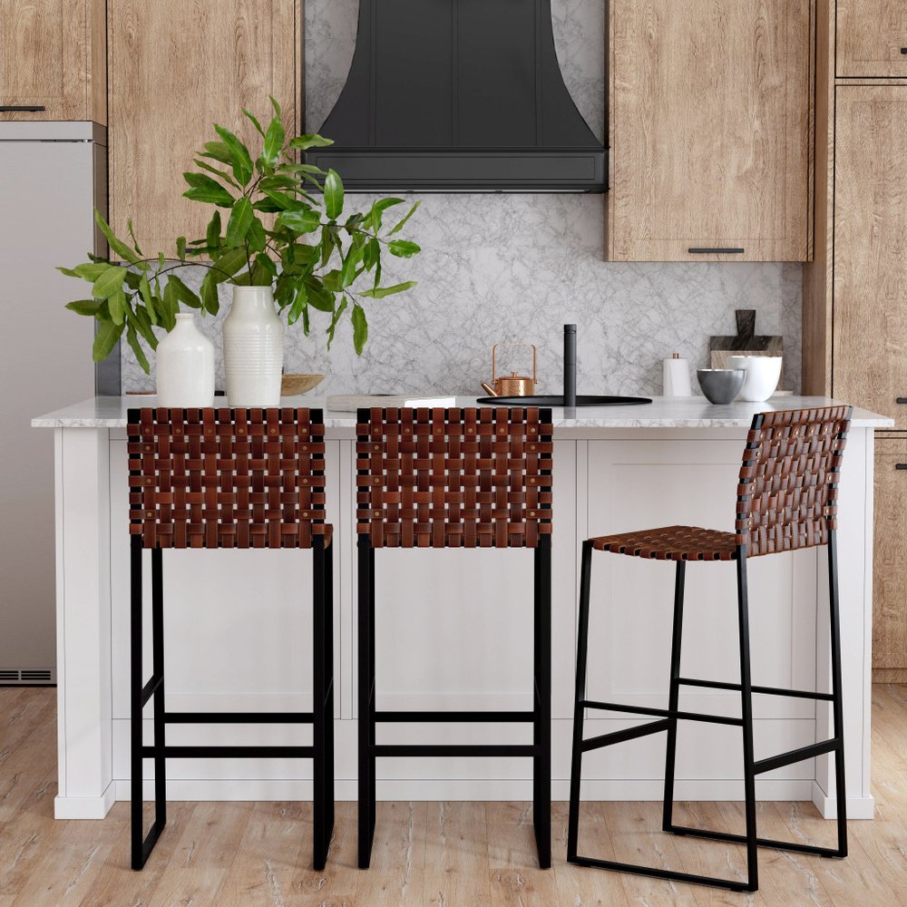 28" Brown and Black Leather and Iron Bar Chair