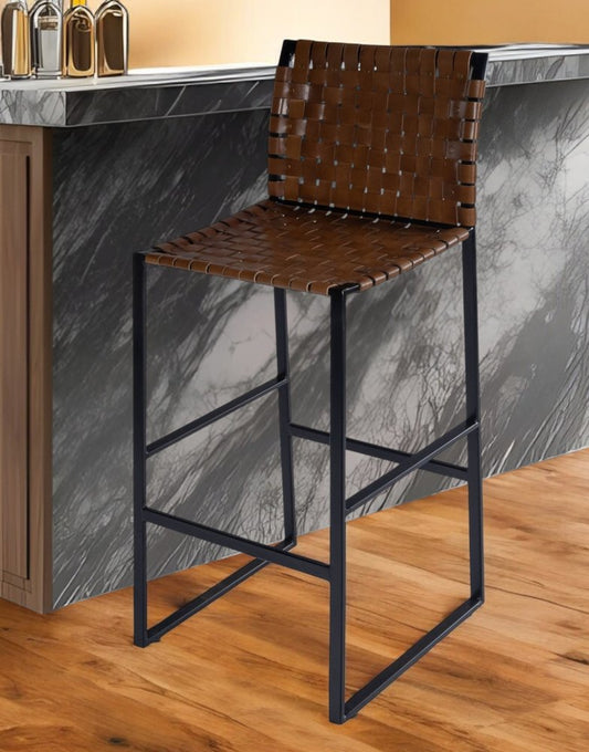 28" Brown and Black Leather and Iron Bar Chair
