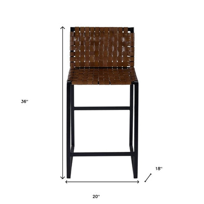 36" Brown and Black Leather and Iron Bar Chair