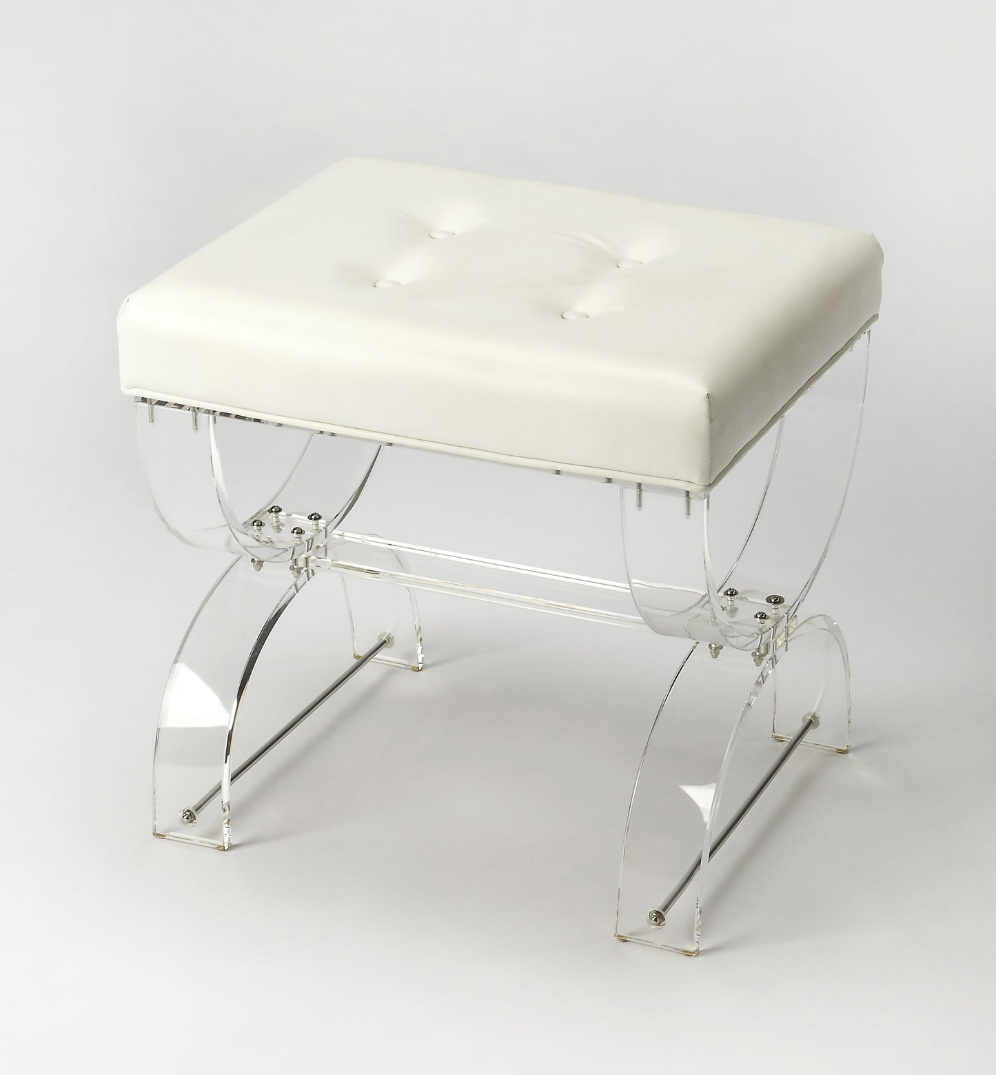 21" White Faux Leather And Clear Ottoman