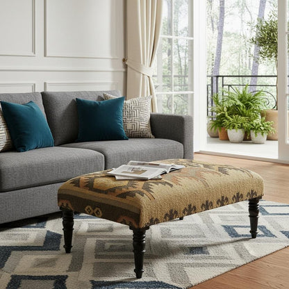 36" Brown Linen Footstool Ottoman