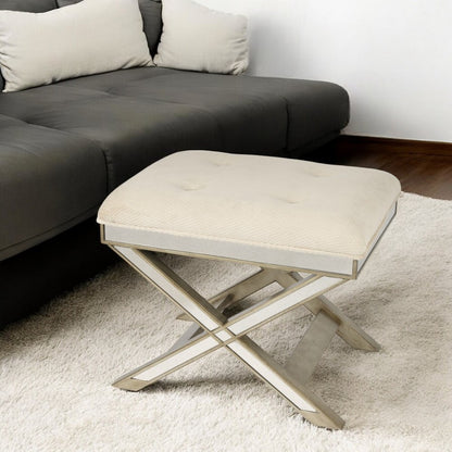 26" Ivory Cotton and Brown Tufted Ottoman