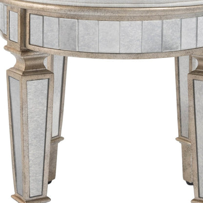 24" Cream Linen And Silver Metallic Round Ottoman