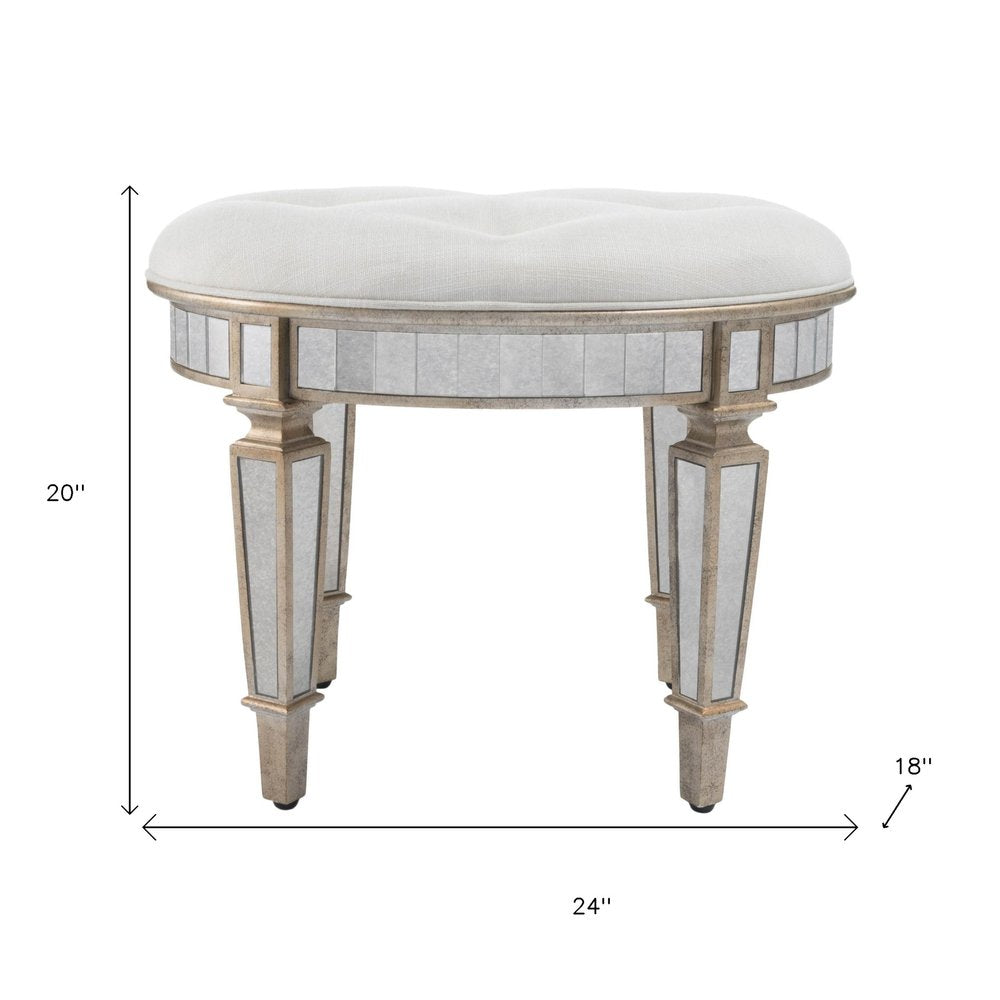 24" Cream Linen And Silver Metallic Round Ottoman