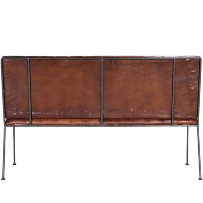 53" Brown and Black Upholstered Faux Leather Distressed Bench