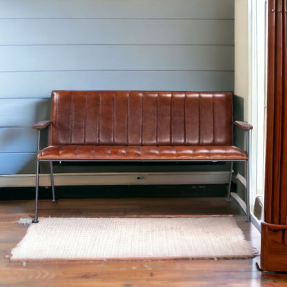 53" Brown and Black Upholstered Faux Leather Distressed Bench