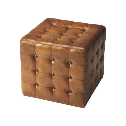 18" Brown Tufted Leather Vintage Style Cube Ottoman