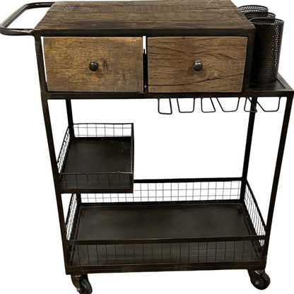 Rolling Rustic Black And Natural Bar Cart