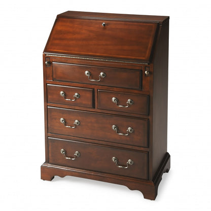 26" Brown Rubberwood Wood Secretary Desk With Five Drawers