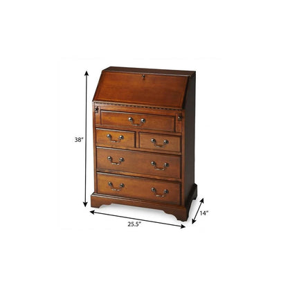 26" Brown Solid Wood Secretary Desk With Five Drawers