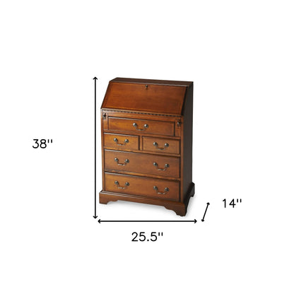 26" Brown Rubberwood Wood Secretary Desk With Five Drawers