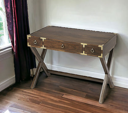 40" Dark Brown Solid Wood Writing Desk With Three Drawers