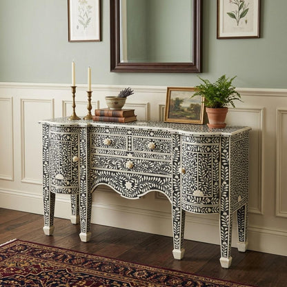 57" Black Wood Three Drawer Sideboard with Two Doors