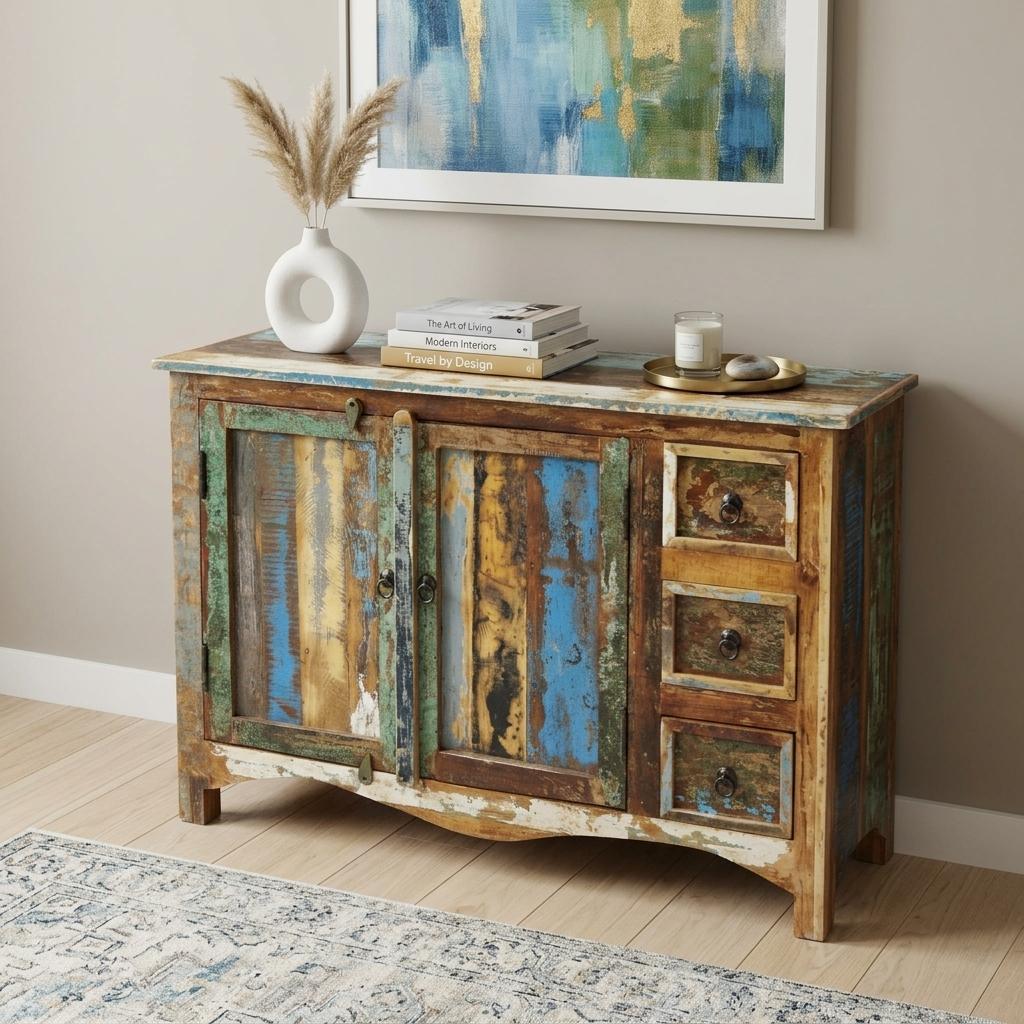 44" Brown Green and Gray Solid Wood Three Drawer Sideboard with Two Doors