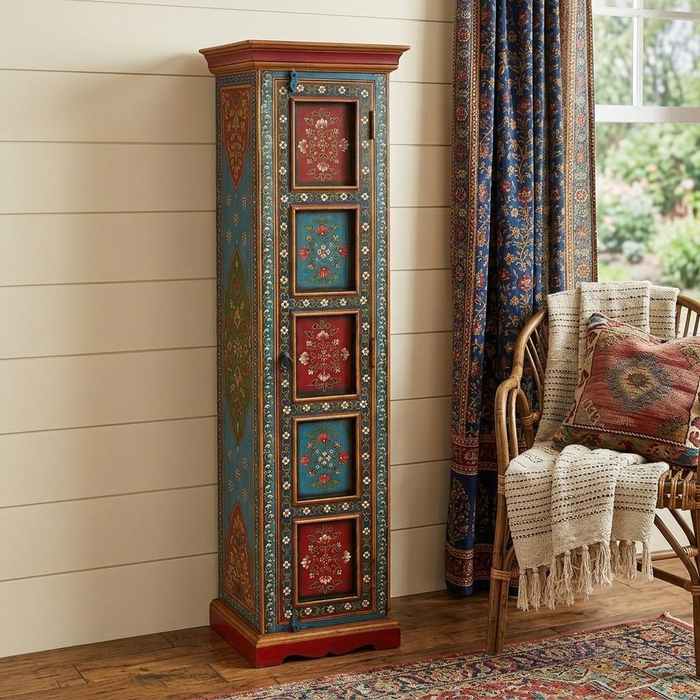 60" Red Blue and Gold Hand Painted Accent Cabinet