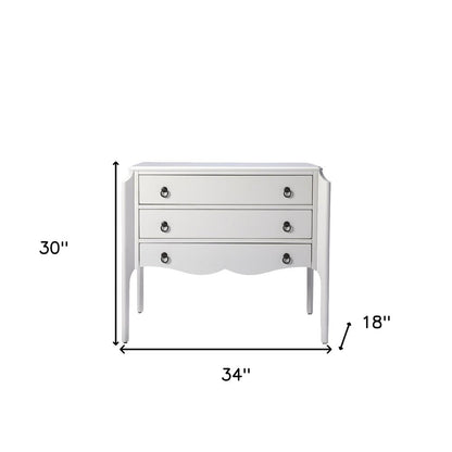 34" White Wood Three Drawer Dresser
