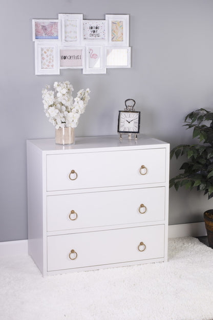 34" White Manufactured Wood Three Drawer Dresser