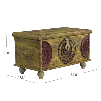 33" Brown and Green Wood Distressed Coffee Table