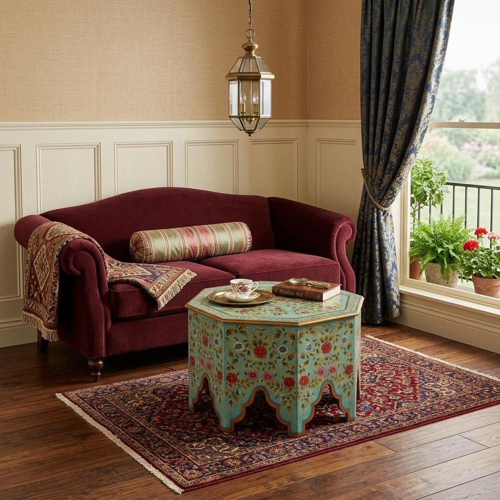 29" Green Wood Hexagon Abstract Floral Coffee Table