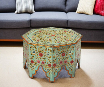 29" Green Wood Hexagon Abstract Floral Coffee Table