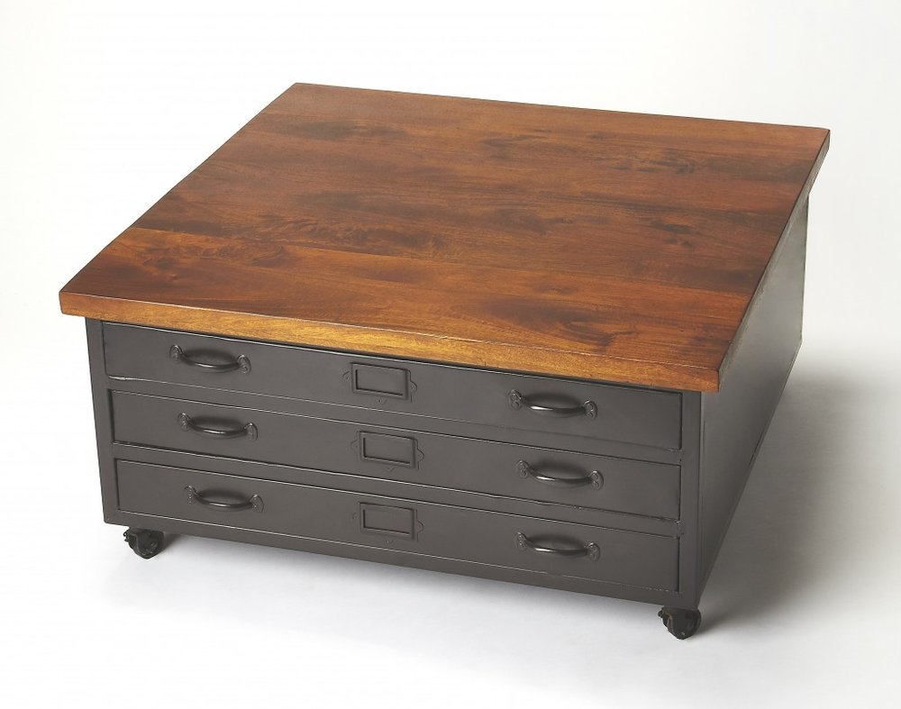 36" Brown and Gray Solid Wood and Metal Square Coffee Table With Three Drawers