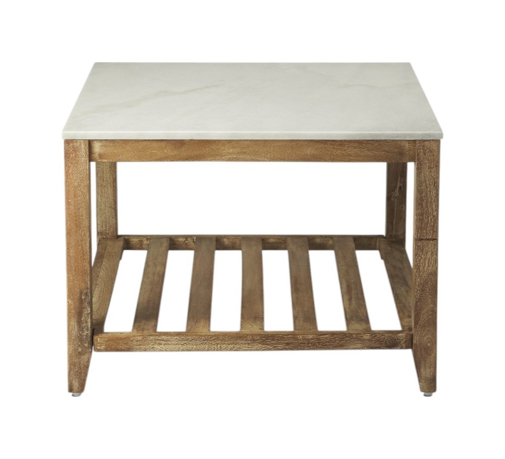 24" Off White and Brown Genuine Marble and Wood Square Coffee Table With Shelf
