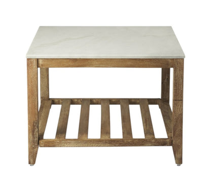 24" Off White and Brown Genuine Marble and Wood Square Coffee Table With Shelf