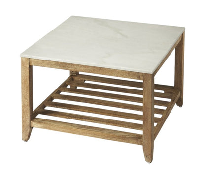 24" Off White and Brown Genuine Marble and Wood Square Coffee Table With Shelf