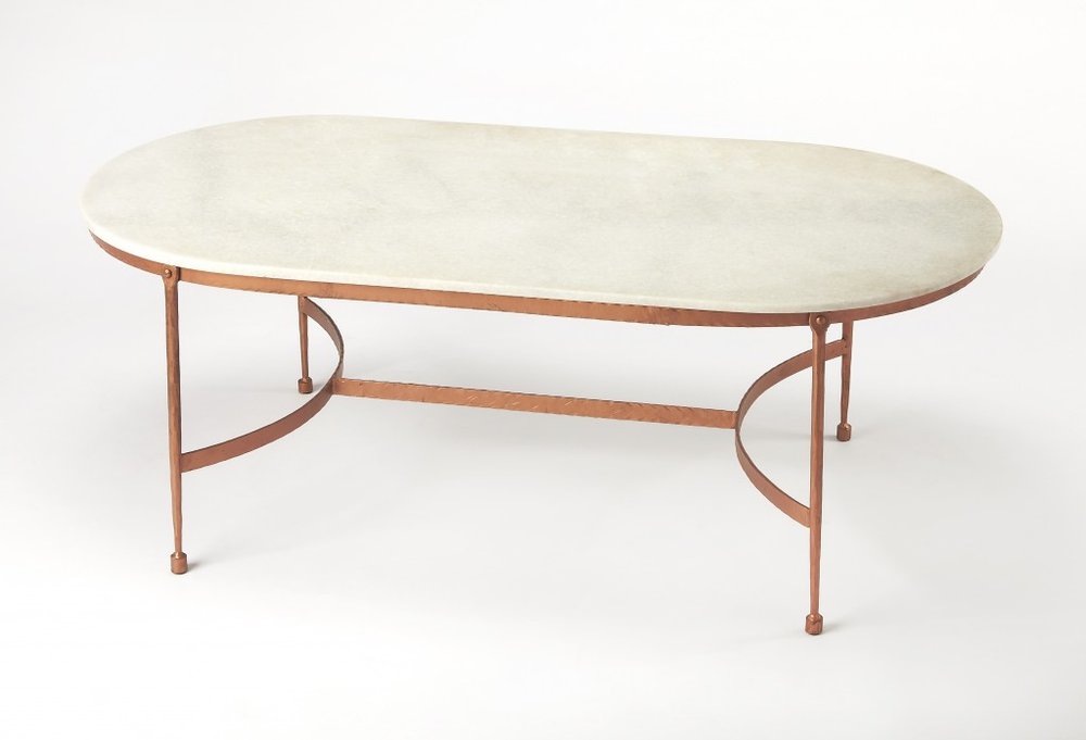 47" White and Copper Genuine Marble and Metal Oval Coffee Table