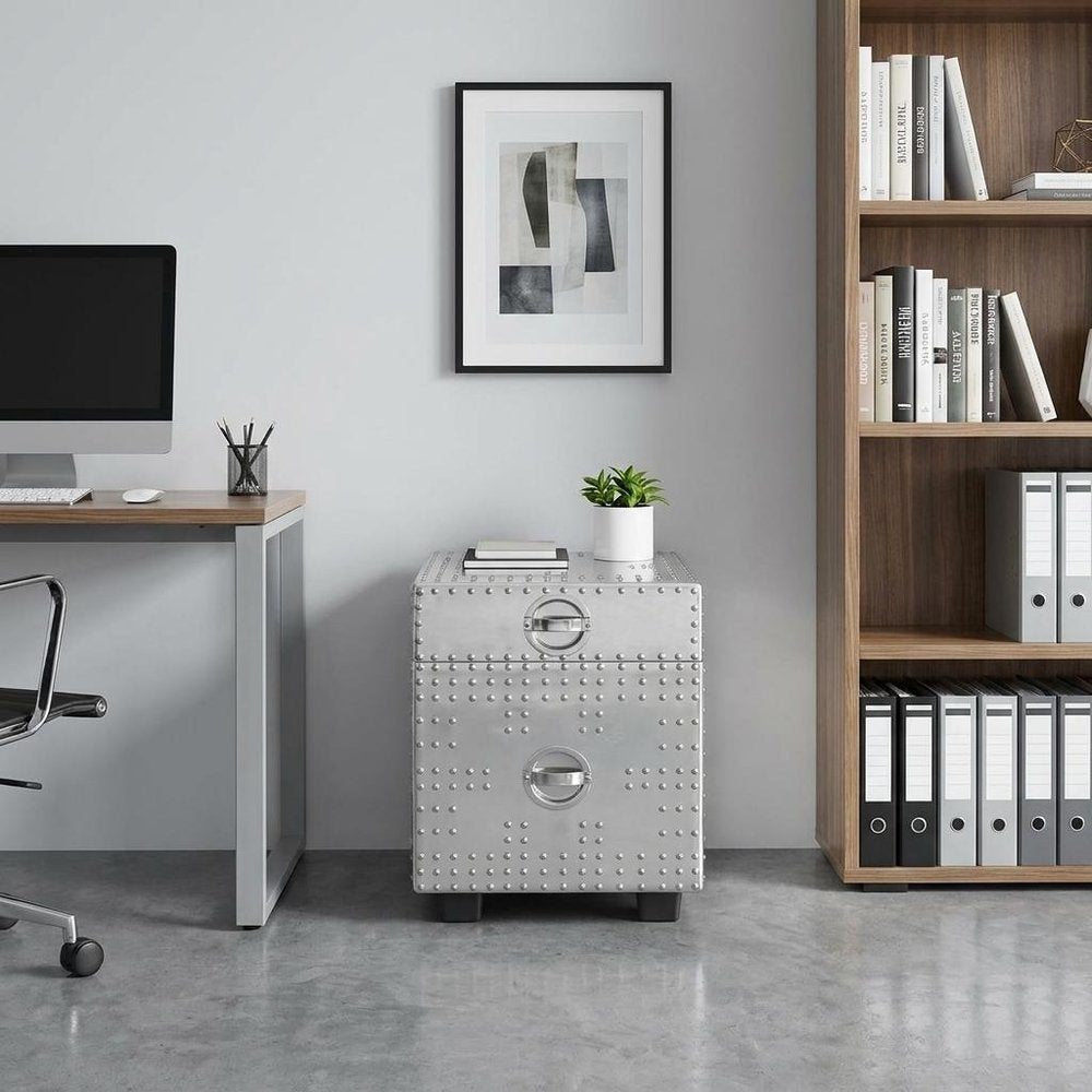 23" Silver Aluminum Wood Two Drawer Filing Cabinet