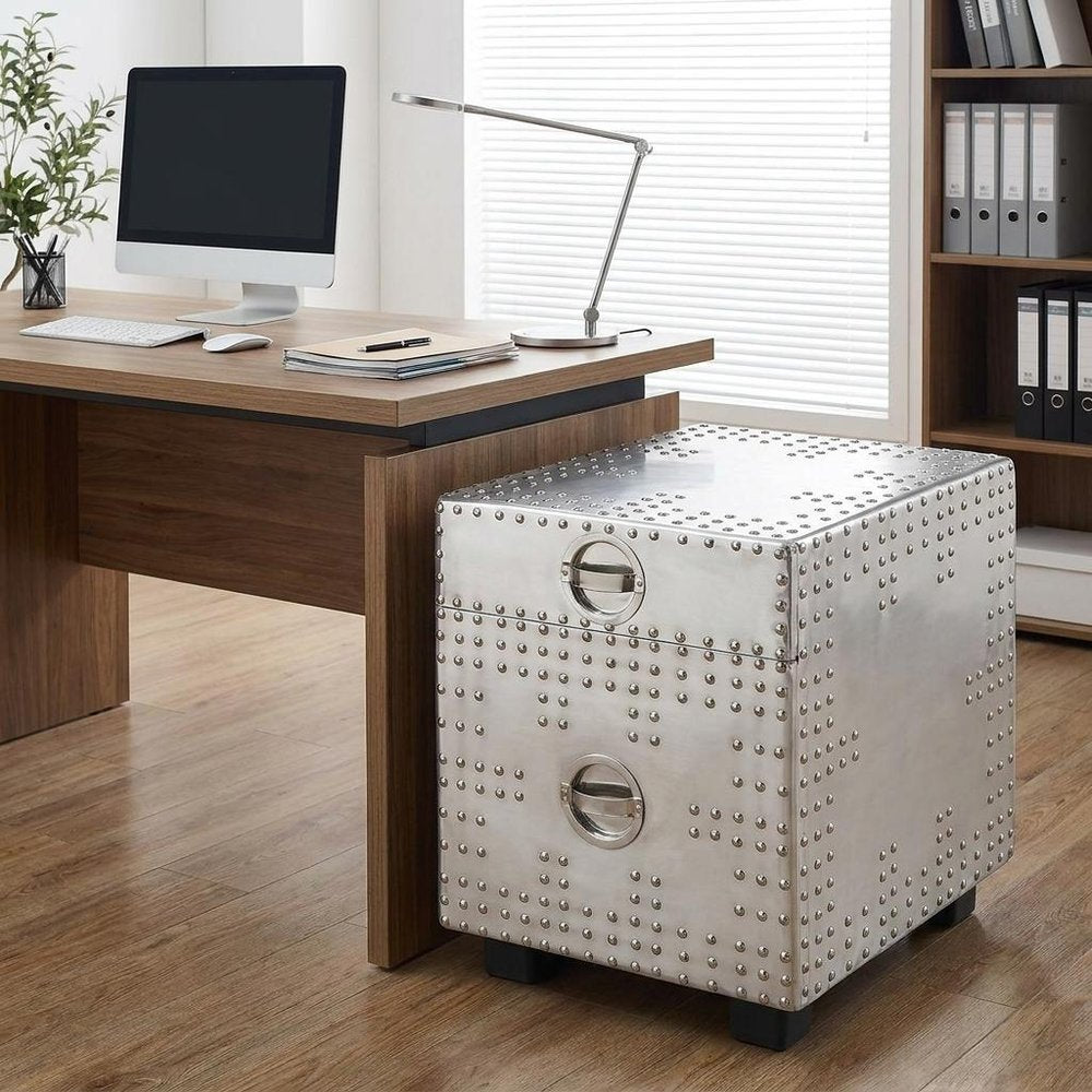 23" Silver Aluminum Wood Two Drawer Filing Cabinet