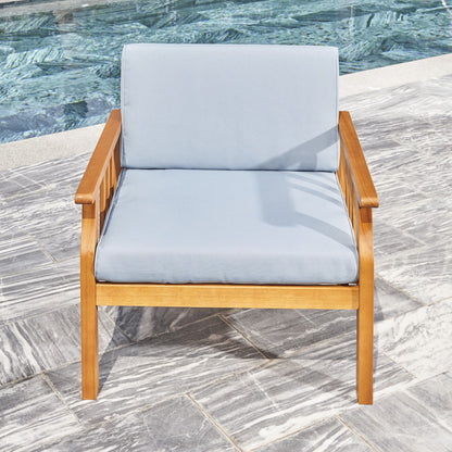 33" Natural Eucalyptus Slat Wood Outdoor Accent Chair with Aqua Cushion