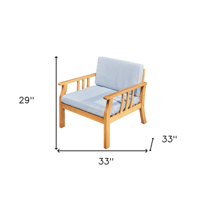 33" Natural Eucalyptus Slat Wood Outdoor Accent Chair with Aqua Cushion