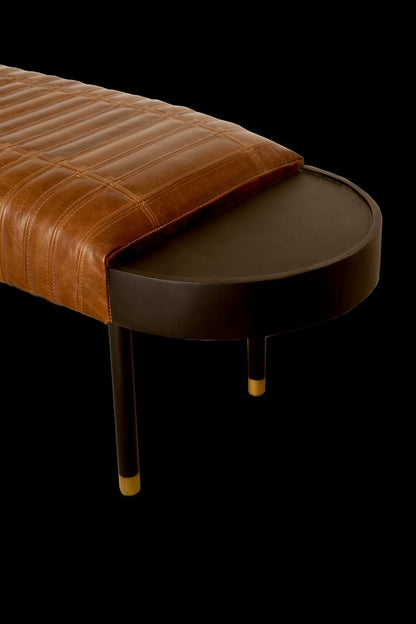 58" Brown And Black Genuine Leather And Solid Wood Upholstered Bench