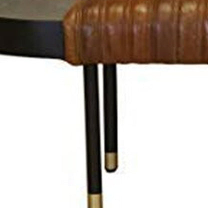 58" Brown And Black Genuine Leather And Solid Wood Upholstered Bench